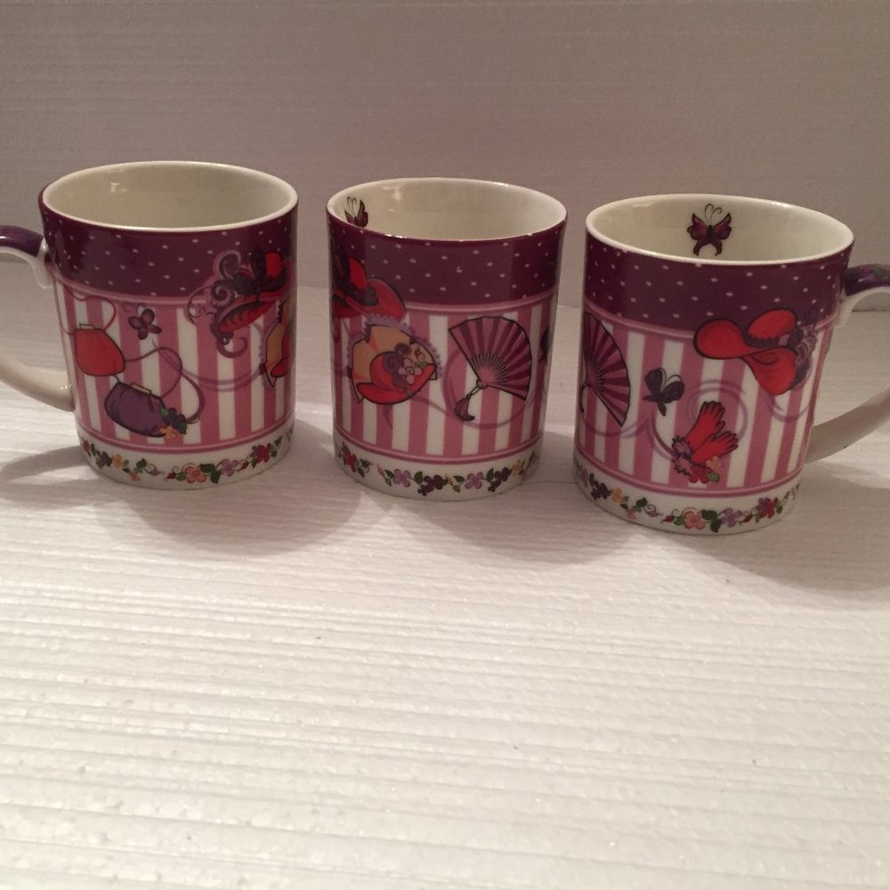 Vintage!  2004 Red Hat "Tea Time" Mugs - Set of 3